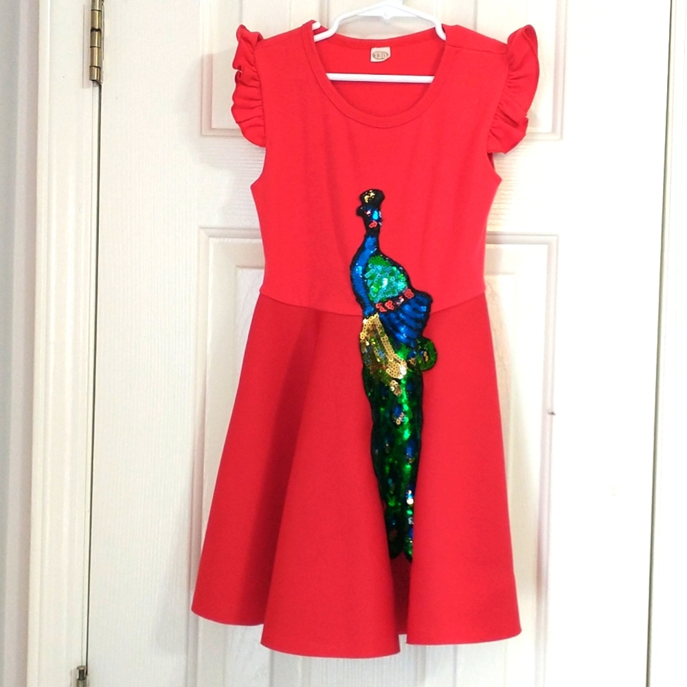 Girls red peacock dress. Size 130